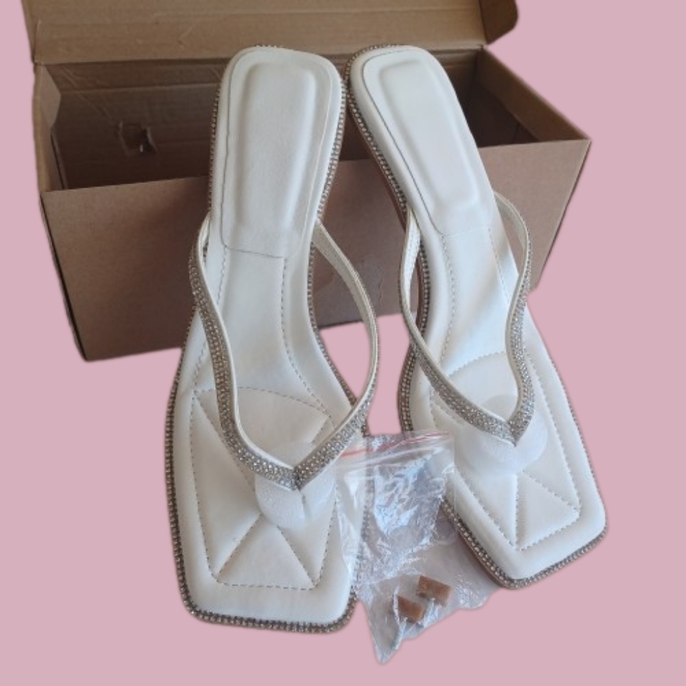 CAMSSOO White Heeled Sandals Stiletto Slip-on Mules Open Toe High Heels Shoes